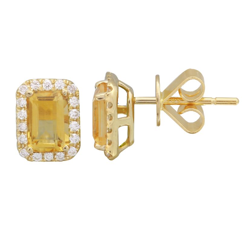 14k Yellow Citrine Emerald Cut Gemstone Earrings