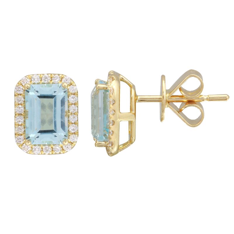 14k Yellow Blue Topaz Emerald Cut & Diamond  Gemstone Earrings