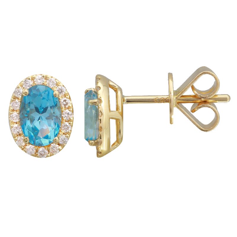 14k Yellow Blue Topaz & Diamond Oval Gemstone Earrings