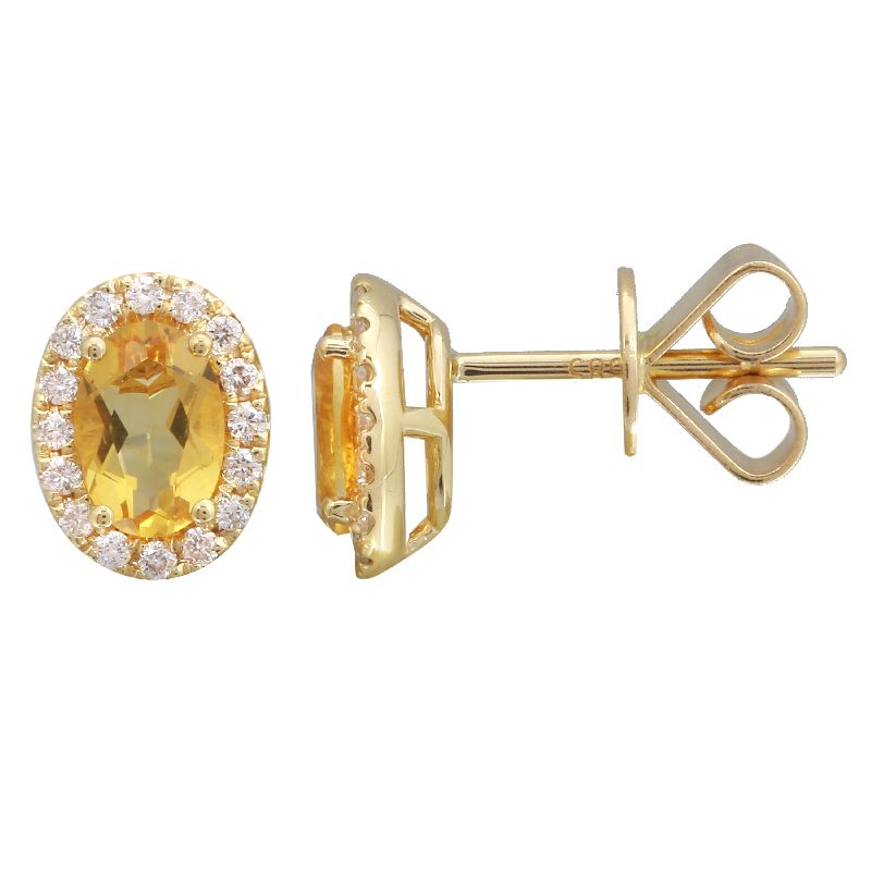 14k Yellow Citrine & Diamond Oval Gemstone Earrings