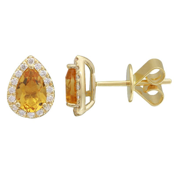 14k Yellow Citrine  & Diamond Pear Gemstone Earrings