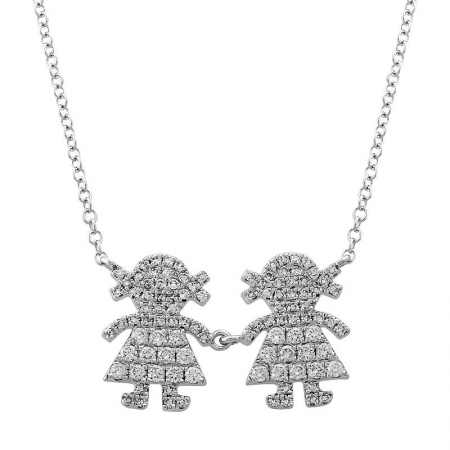 14K White Gold Diamond Two Girls Necklace