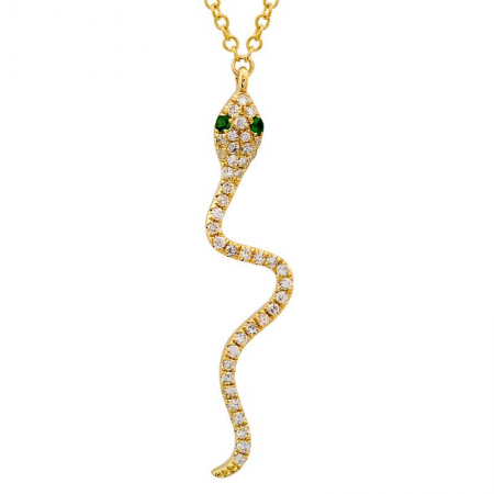 14K Yellow Gold Diamond + Green Eye Snake Necklace