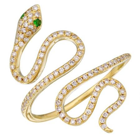 14K Yellow Gold Diamond + Emerald Eye Snake Ring