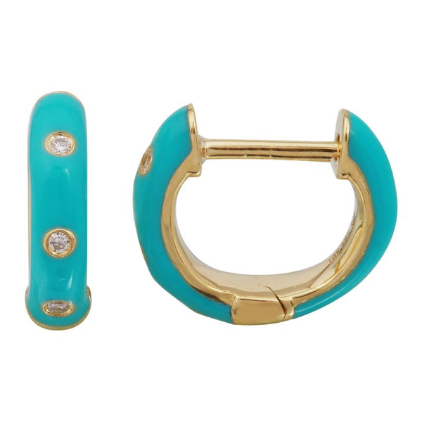 14k Yellow Gold Turqouise Enamel & Diamond Huggie Earrings