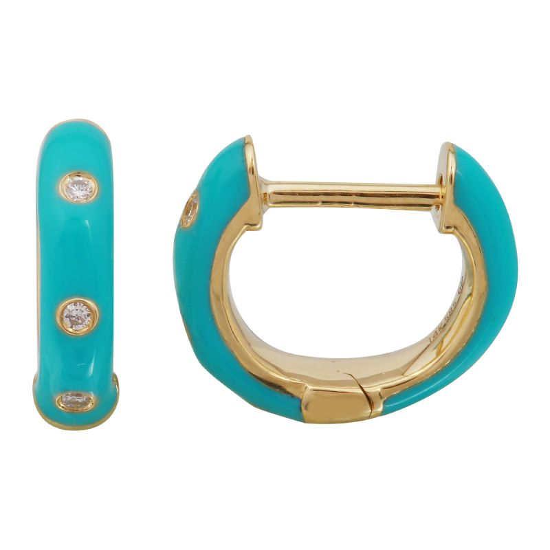 14k Yellow Gold Turqouise Enamel & Diamond Huggie Earrings-EARRINGS-superbell-