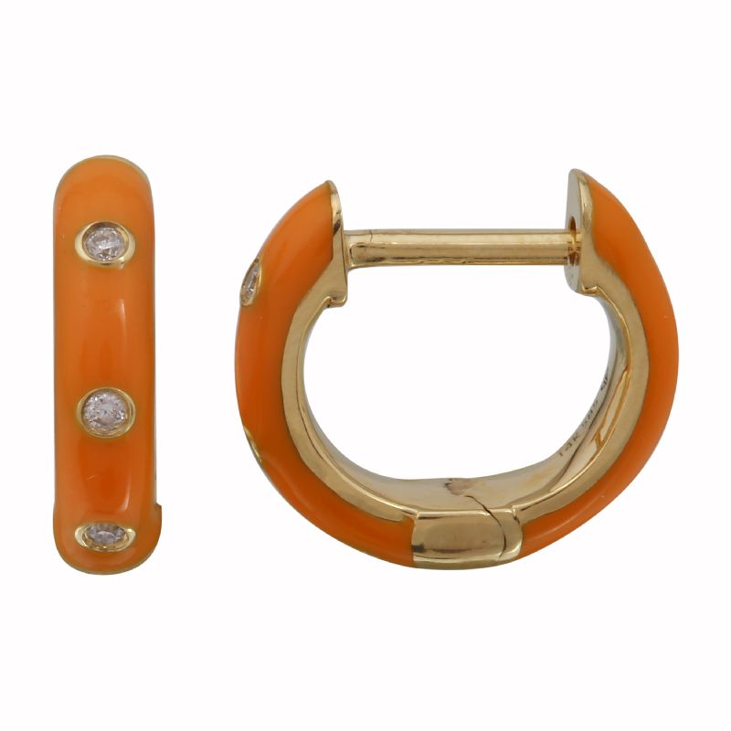 14k Yellow Gold Orange Enamel & Diamond Huggie Earrings-EARRINGS-superbell-