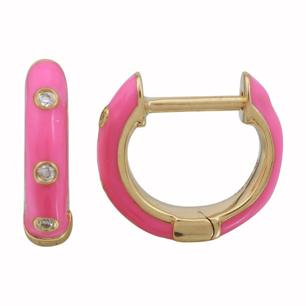 14k Yellow Gold Fushia Enamel & Diamond Huggie Earrings