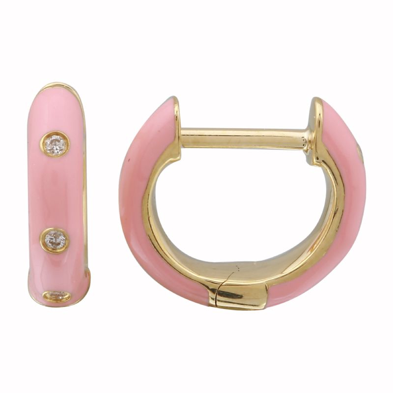 14k Yellow Gold Warm Blush Enamel & Diamond Huggie Earrings-EARRINGS-superbell-