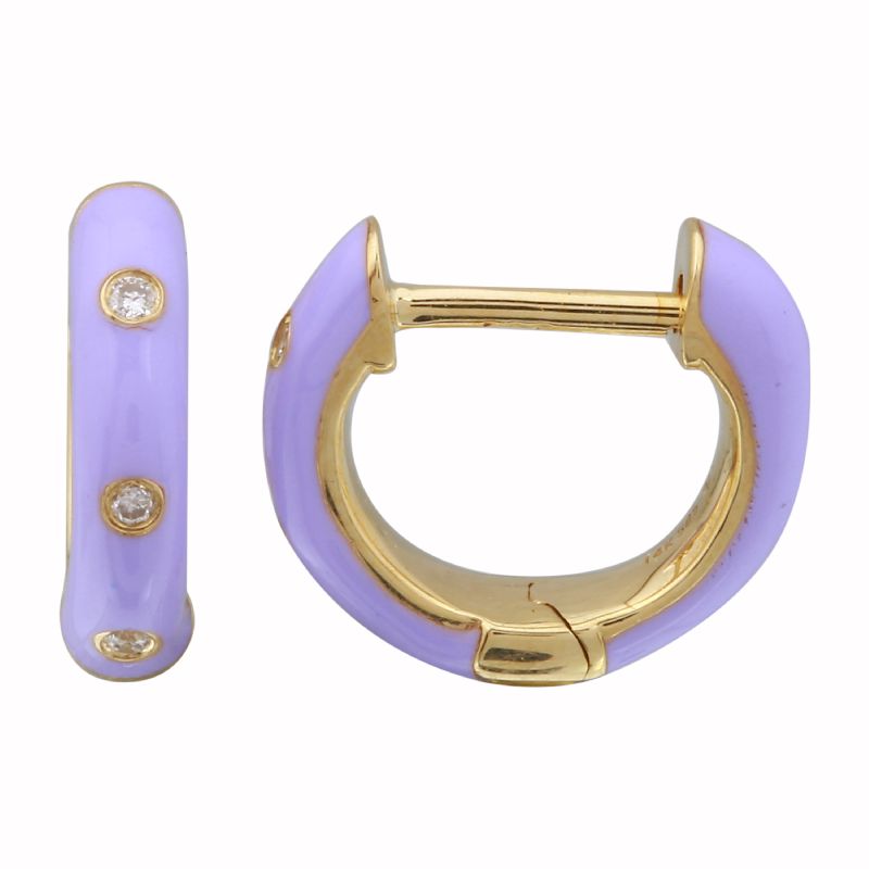 14k Yellow Gold Lavender Enamel & Diamond Huggie Earrings-EARRINGS-superbell-
