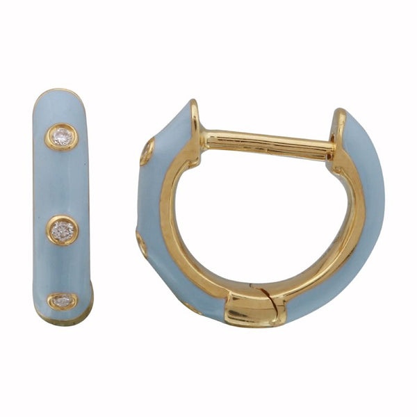 14k Yellow Gold Cerulean Enamel & Diamond Huggie Earrings