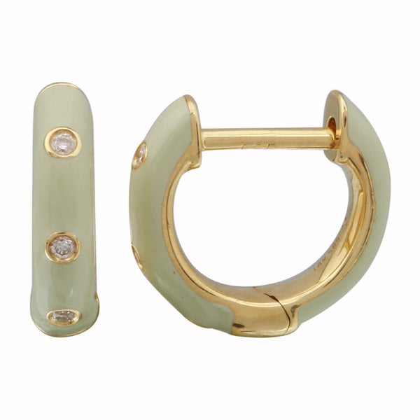 14k Yellow Gold Cool Grey Enamel & Diamond Huggie Earrings