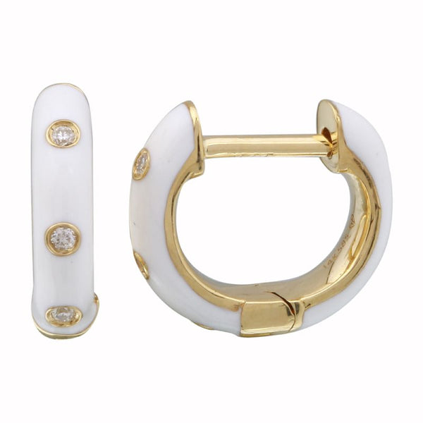 14k Yellow Gold White Enamel & Diamond Huggie Earrings