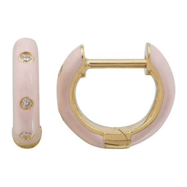 14K Yellow Gold Blush Enamel & Diamond Huggie Earrings