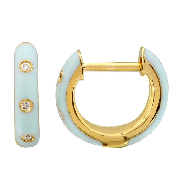 14K Yellow Gold Mint Enamel & Diamond Huggie Earrings