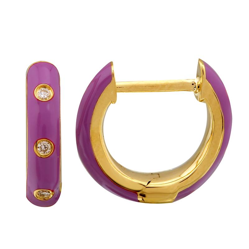 14k Yellow Gold Fushia Enamel & Diamond Huggie Earrings-EARRINGS-superbell-