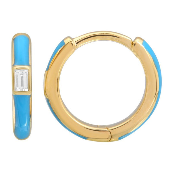 14k Yellow Gold Classic Turquoise Enamel & Diamond Huggie Earrings