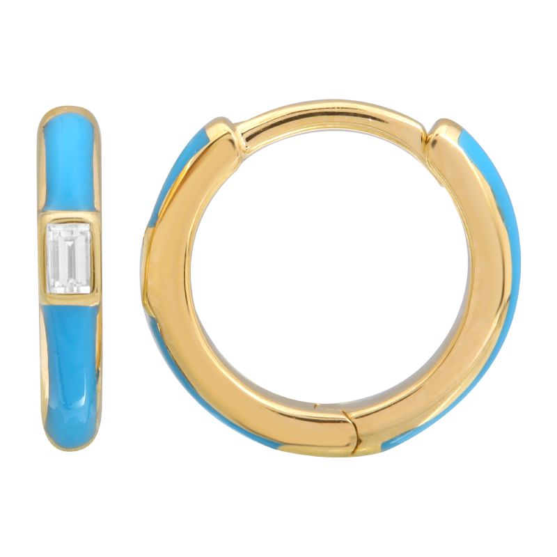 14k Yellow Gold Classic Turquoise Enamel & Diamond Huggie Earrings-EARRINGS-superbell-