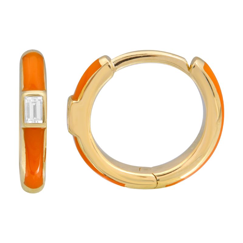 14K Yellow Gold Orange Enamel & Diamond Huggie Earrings