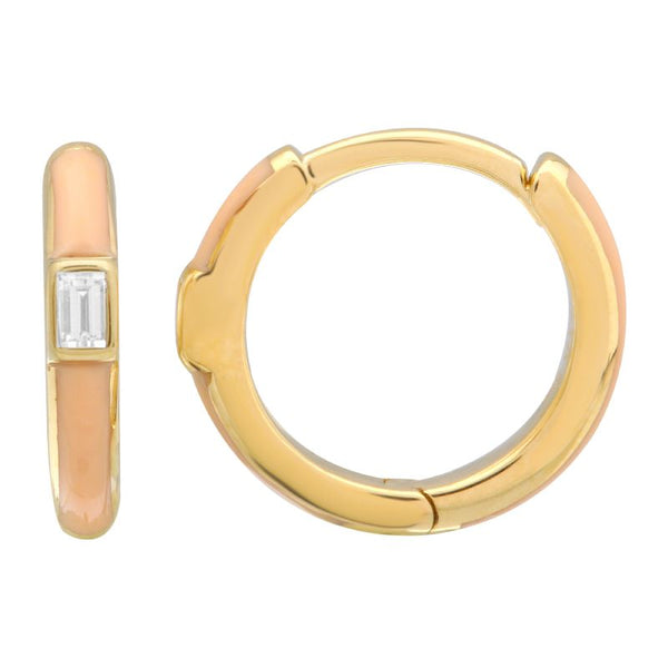 14k Yellow Gold Blush Enamel & Diamond Huggie Earrings