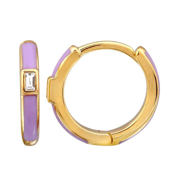 14k Yellow Gold Lavender Enamel & Diamond Huggie Earrings