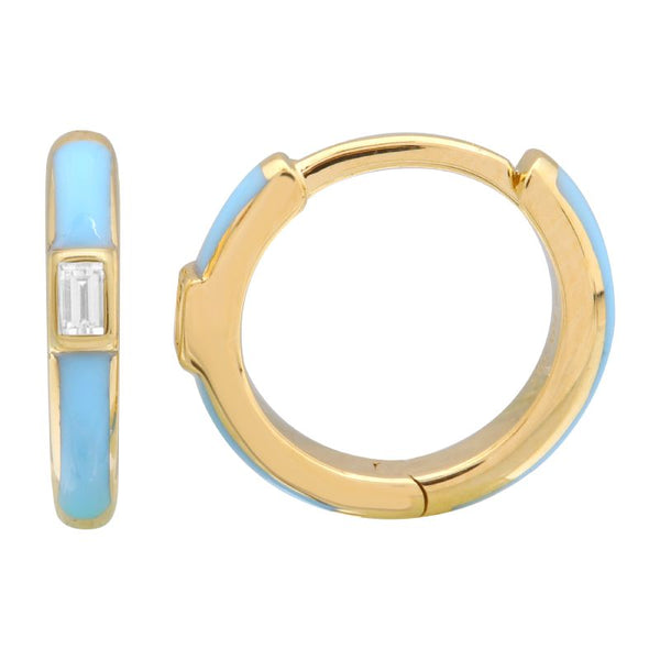14k Yellow Gold Light Blue Enamel & Diamond Huggie Earrings