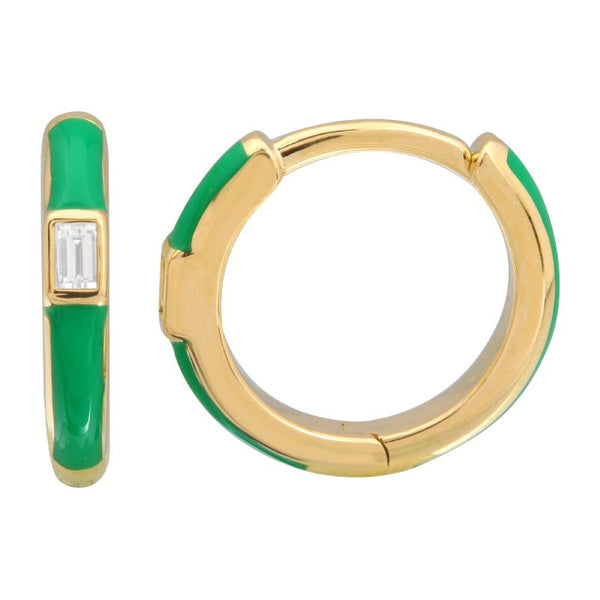 14k Yellow Gold Green Enamel & Diamond Huggie Earrings-EARRINGS-superbell-