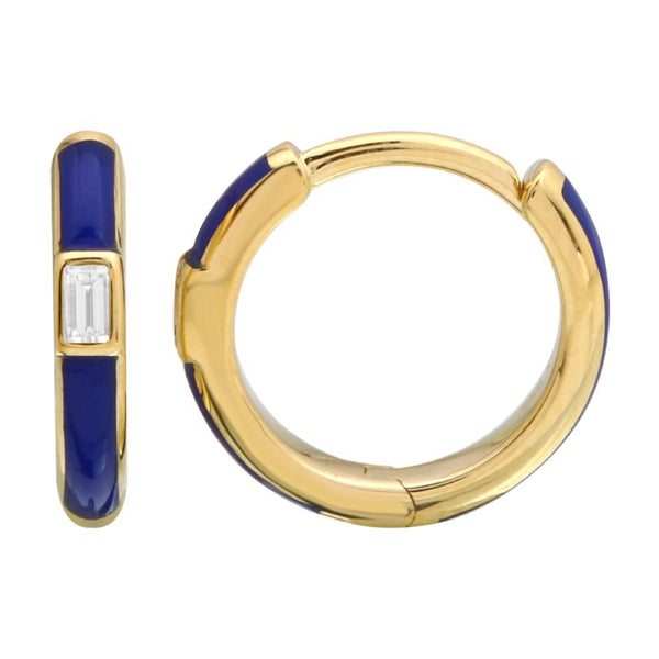 14k Yellow Gold Classic Blue Enamel & Diamond Huggie Earrings-EARRINGS-superbell-