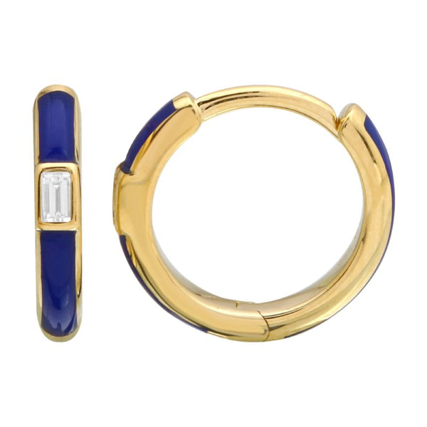 14k Yellow Gold Classic Blue Enamel & Diamond Huggie Earrings