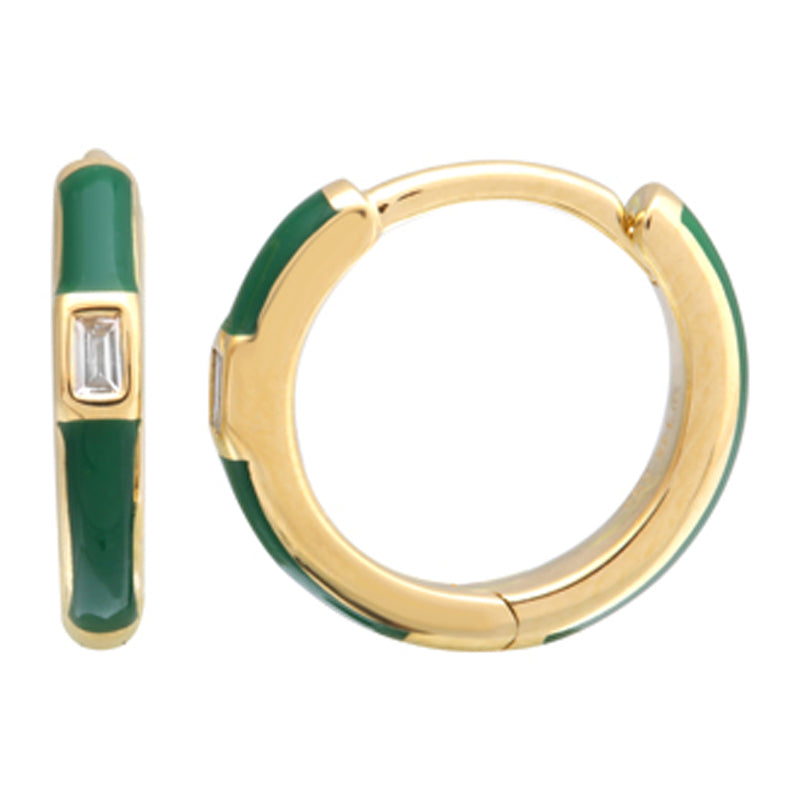 14k Yellow Gold Dark Green Enamel & Diamond Huggie Earrings-EARRINGS-superbell-