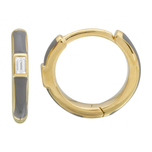 14k Yellow Gold Grey Enamel & Diamond Huggie Earrings