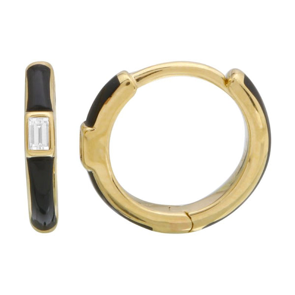 14k Yellow Gold Black Enamel & Diamond Huggie Earrings