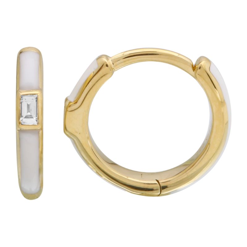 14k Yellow Gold White Enamel & Diamond Huggie Earrings-EARRINGS-superbell-
