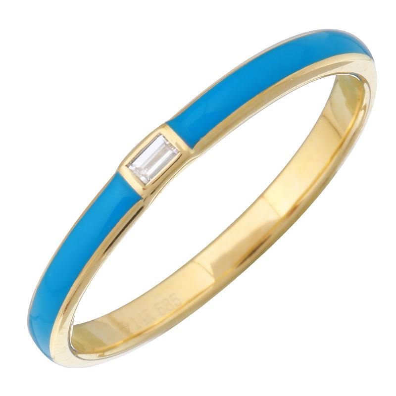14k Yellow Gold Blue Enamel & Diamond Ring