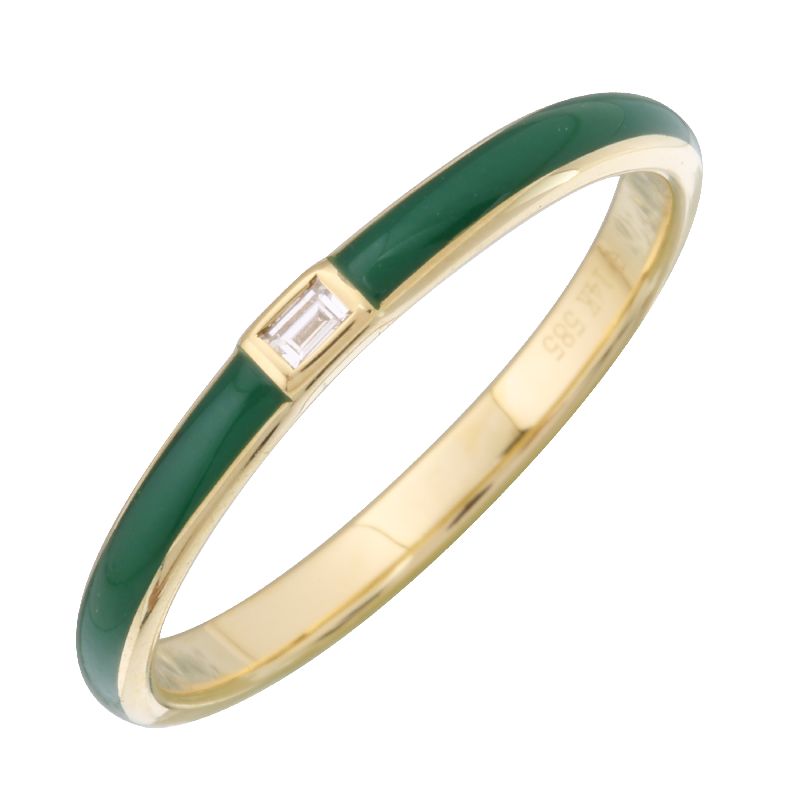 14k Yellow Gold Green Enamel & Diamond Ring