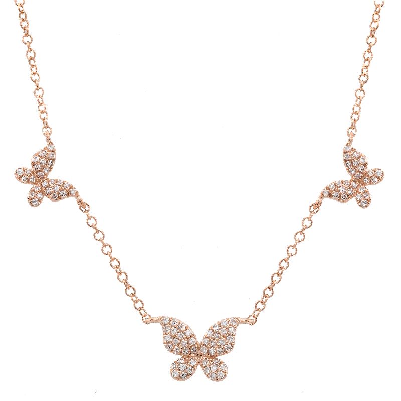 14K Rose Gold Triple Butterfly Diamond Necklace
