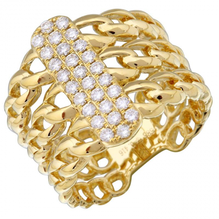 14K Yellow Gold Diamond Bar Triple Curb Link Ring