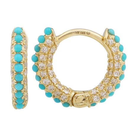 14k Yellow Gold Turquoise Eternity Diamond Huggie Earrings