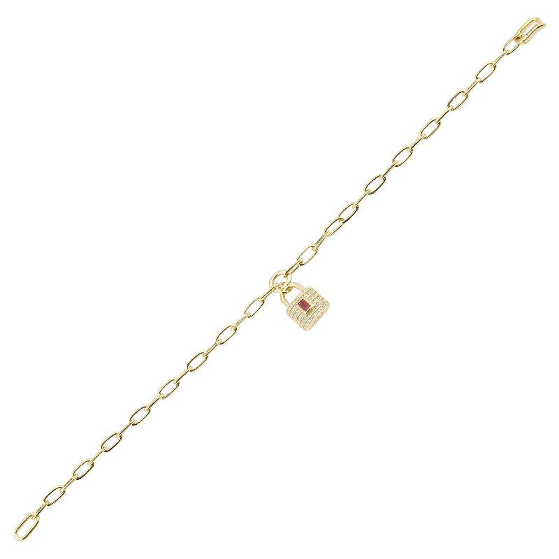 14k Yellow Gold Diamond & Ruby Lock Charm Bracelet-Bracelets-superbell-