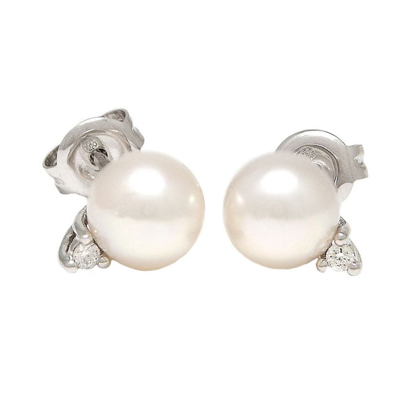 14k White Gold 0.03ct Diamond & Pearl 6mm Earrings-EARRINGS-lau international-