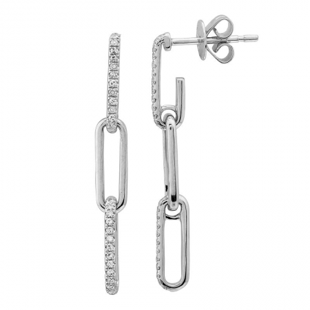 14k White Gold Diamond Link Dangling Paper Clip Earrings