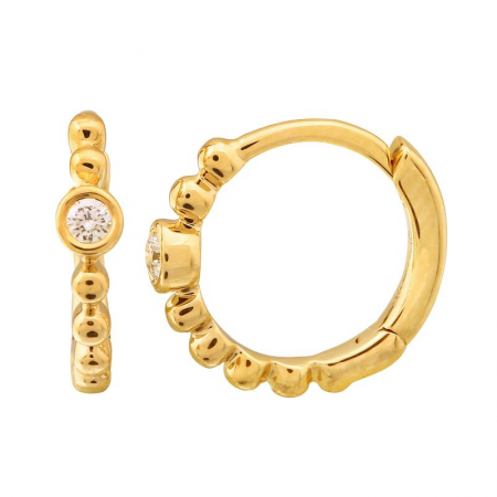 14K Yellow Gold Diamond Round Beaded Huggie Earrings