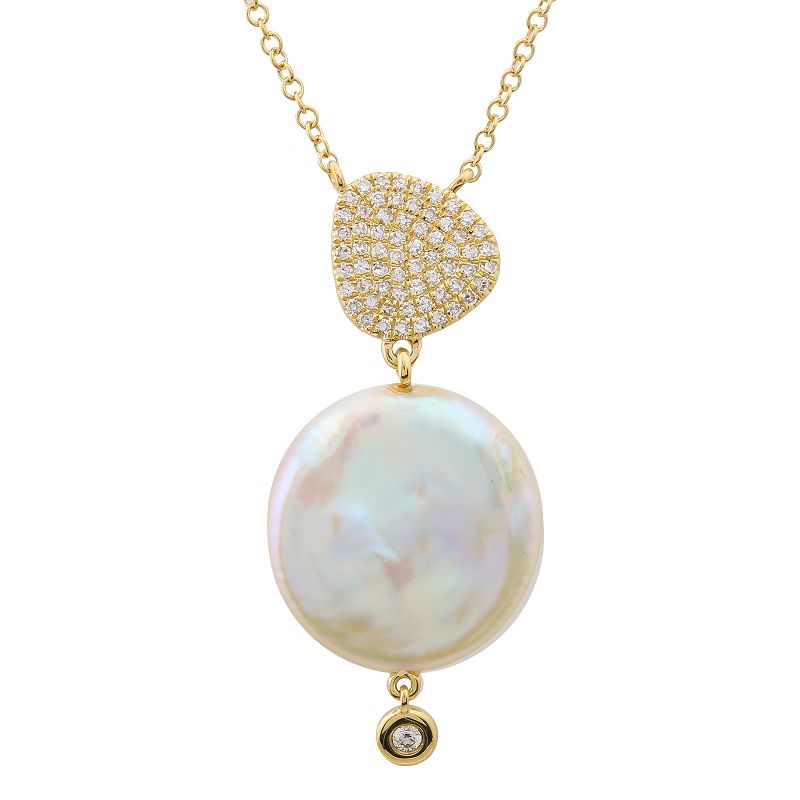 14k Yellow Gold Coin Pearl Diamond Necklace-Necklaces-superbell-