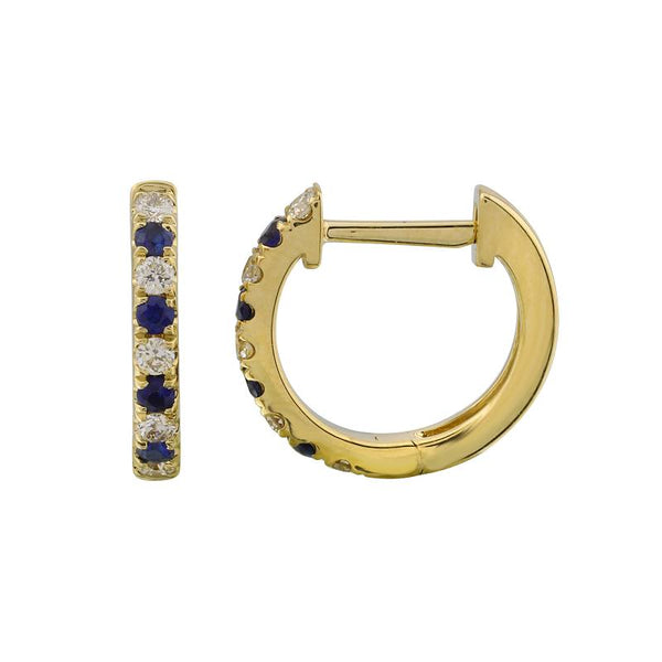 14k Yellow Gold Diamond and Blue Sapphire Huggie Earrings
