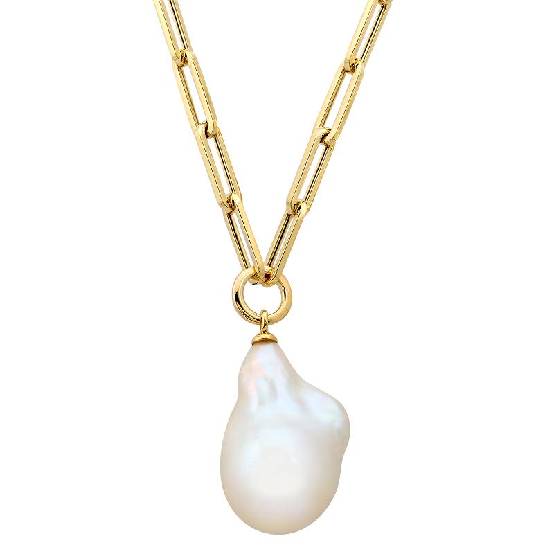 14k Yellow Gold Baroque Pearl Link Chain Necklace