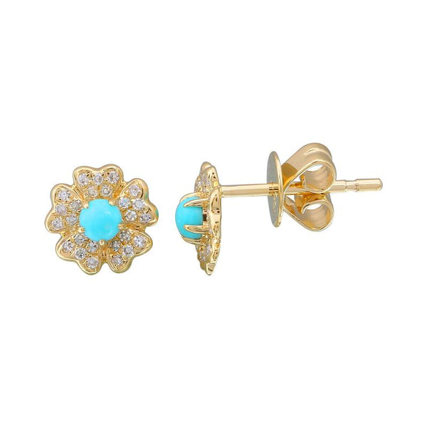 14k Yellow Gold Diamond and Turquoise Flower Stud Earrings-Earrings-Maurice's Jewelers -
