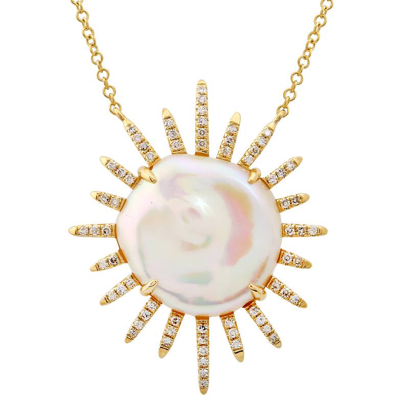 14k Yellow Gold Coin Pearl Sun Necklace