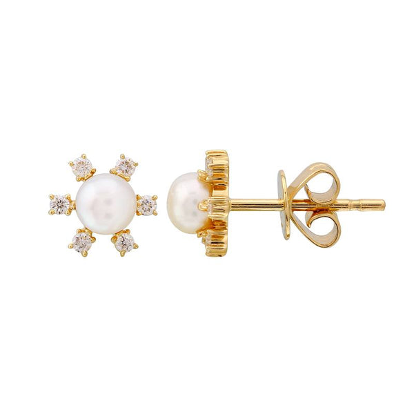 14k Yellow Gold Diamond and Pearl Stud Earrings