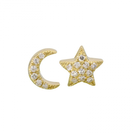 14K Yellow Gold Diamond 3D Moon&Star Flat Back Earrings