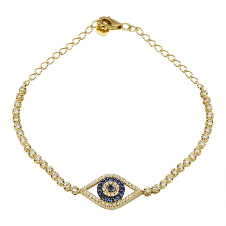 14K Yellow Gold Diamond + Sapphire Evil Eye Tennis Chain Bracelet